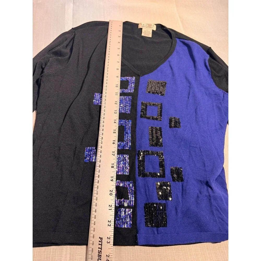 John Paul Richard Uniform Top L Black Blue Sequin Geometric V-Neck Long Sleeve - Picture 7 of 8